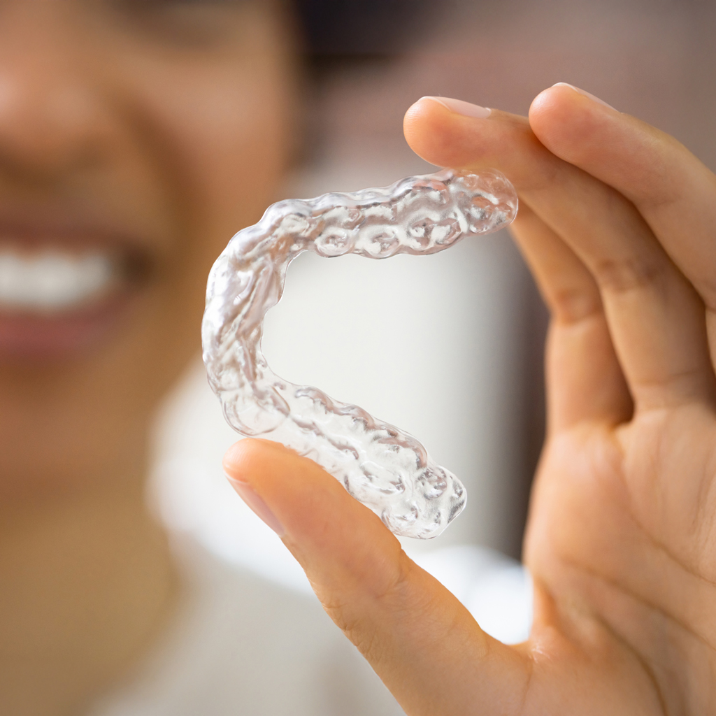 Close Up Of Woman Holding Clear Aligner