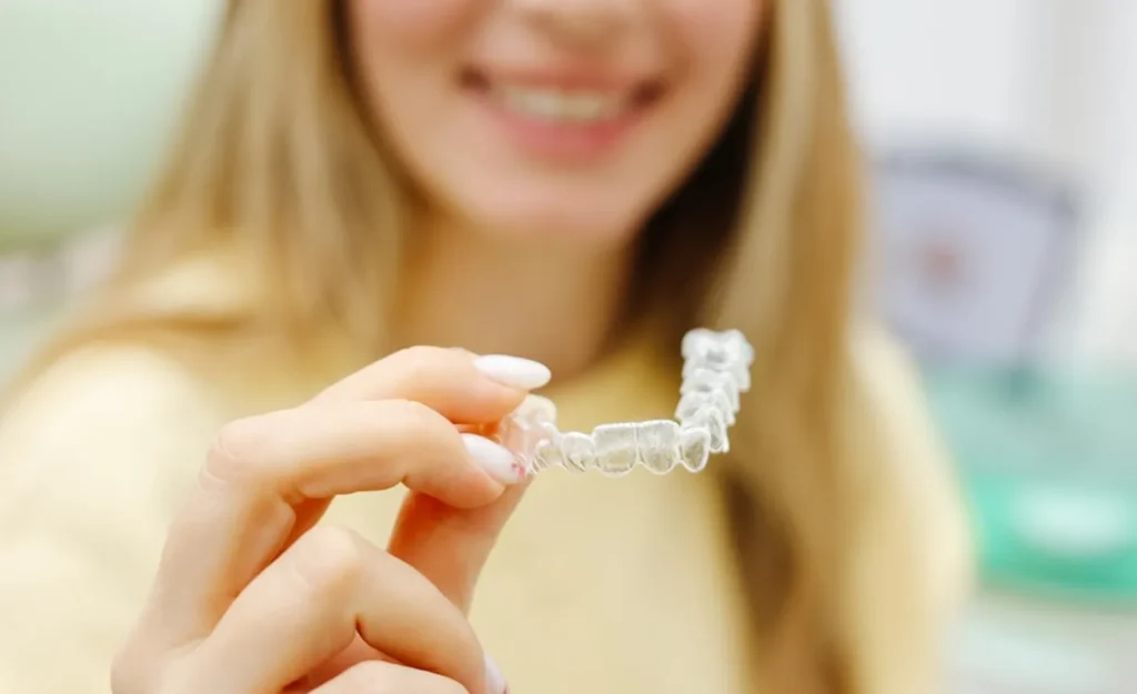 Young woman holding her clear aligner
